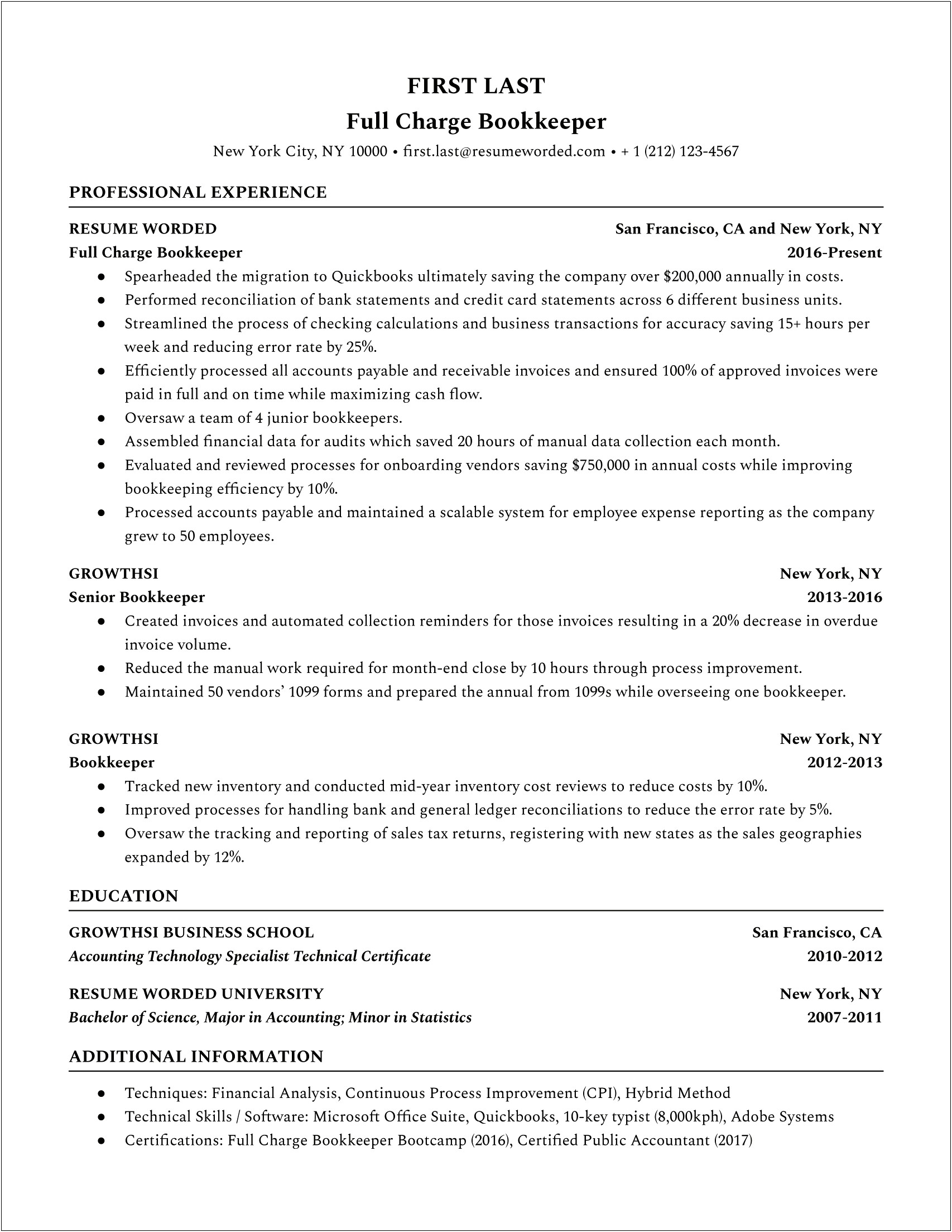 Example Of Resume Objective For Bookkeeper