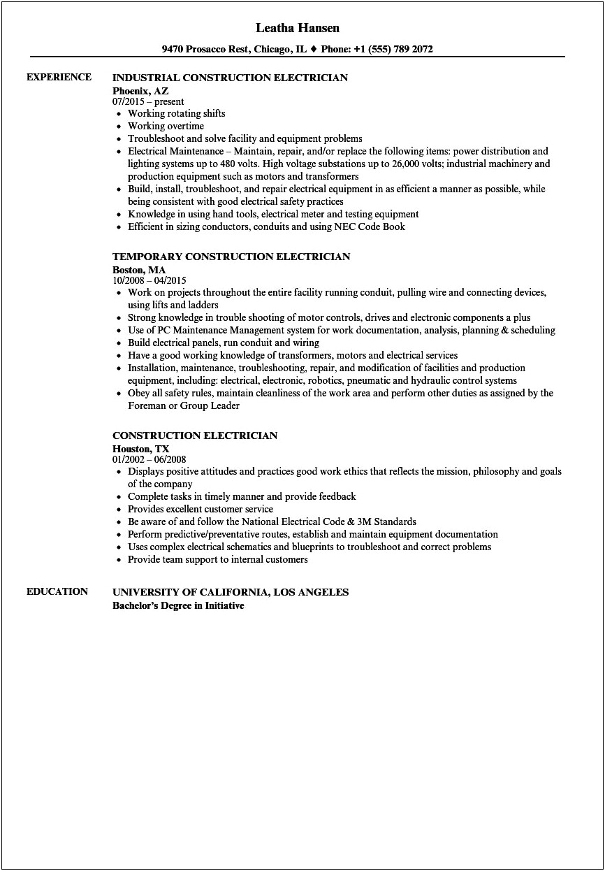 Example Of Resume Objective For Electrical Helper