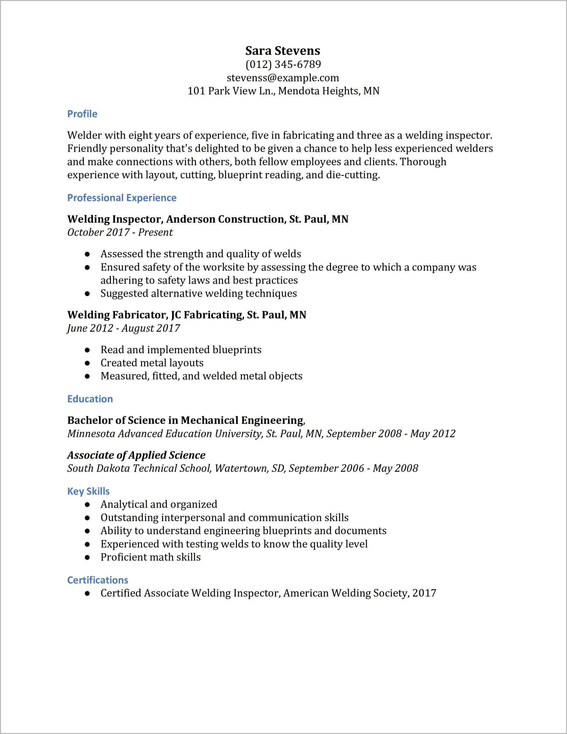 Example Of Resume Objective For Welder