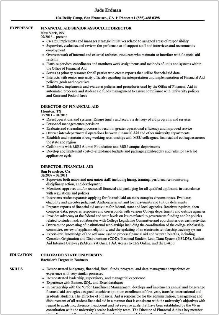 Example Of Resume Objectives For Financial Aid