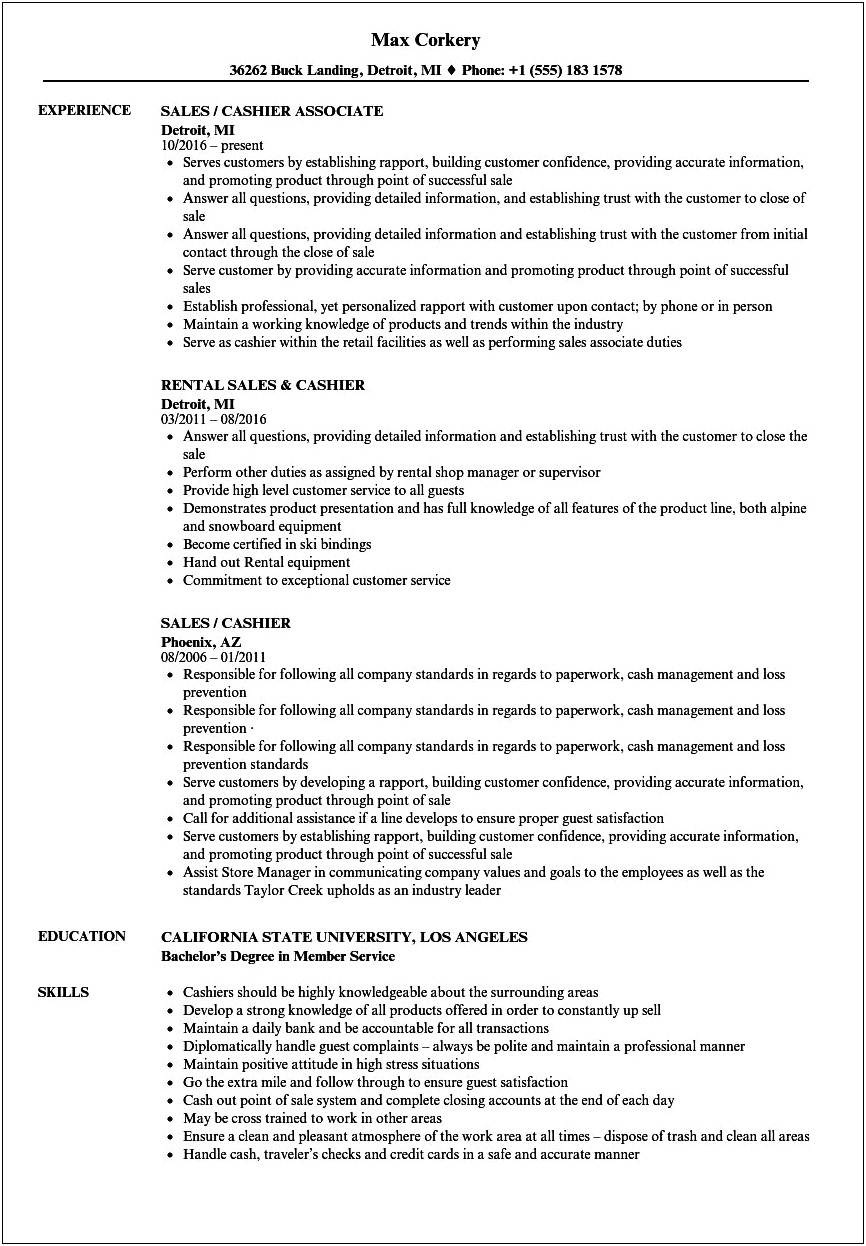 Example Of Resume Of Cashier