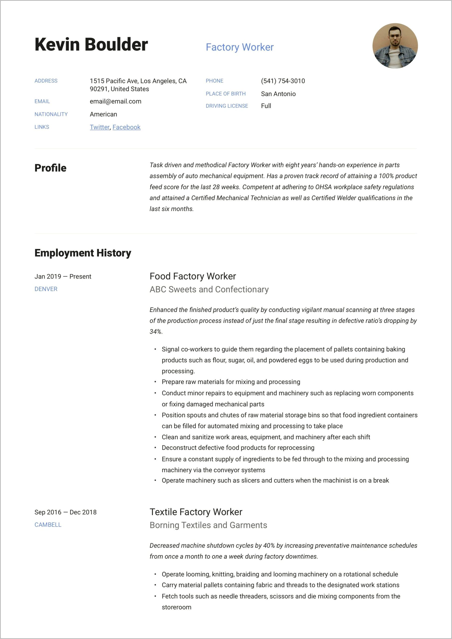 Example Of Resume Of Clothes Factory