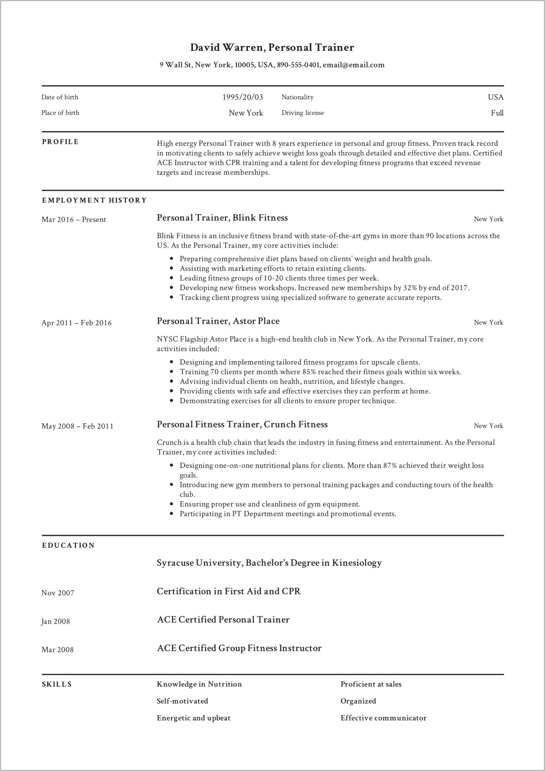 Example Of Resume Of Personal Trainer