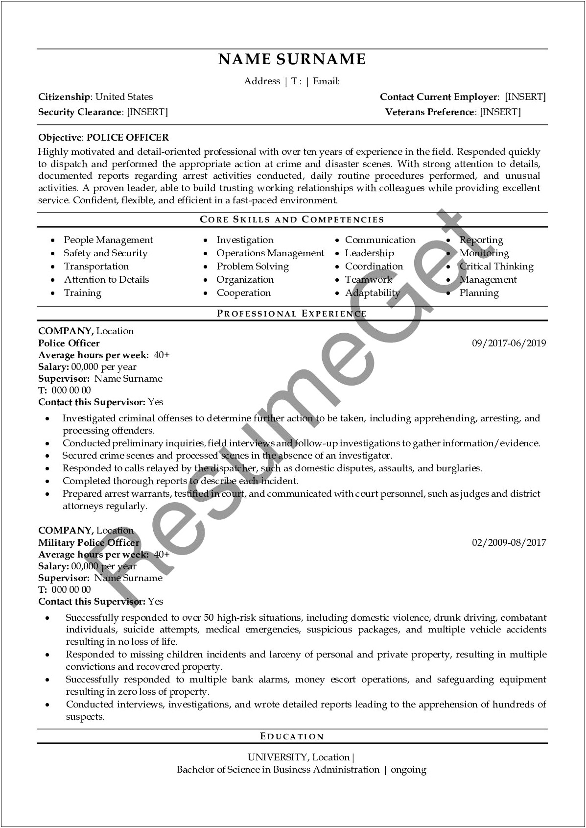 Example Of Resume Of Police Officer