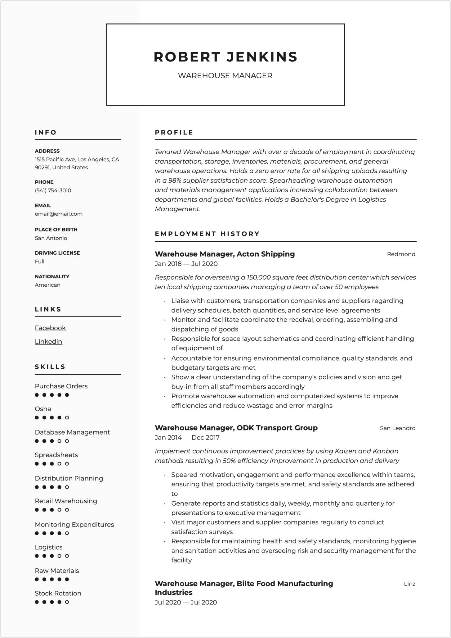 Example Of Resume Of Warehouse