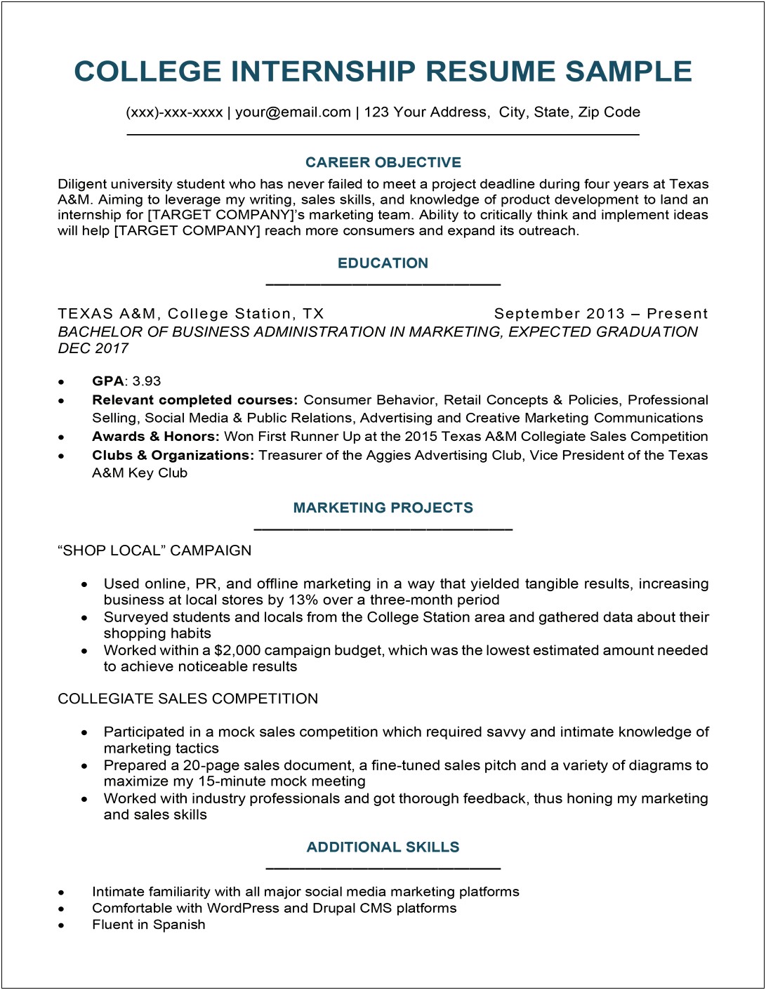 Example Of Resume Student Profile
