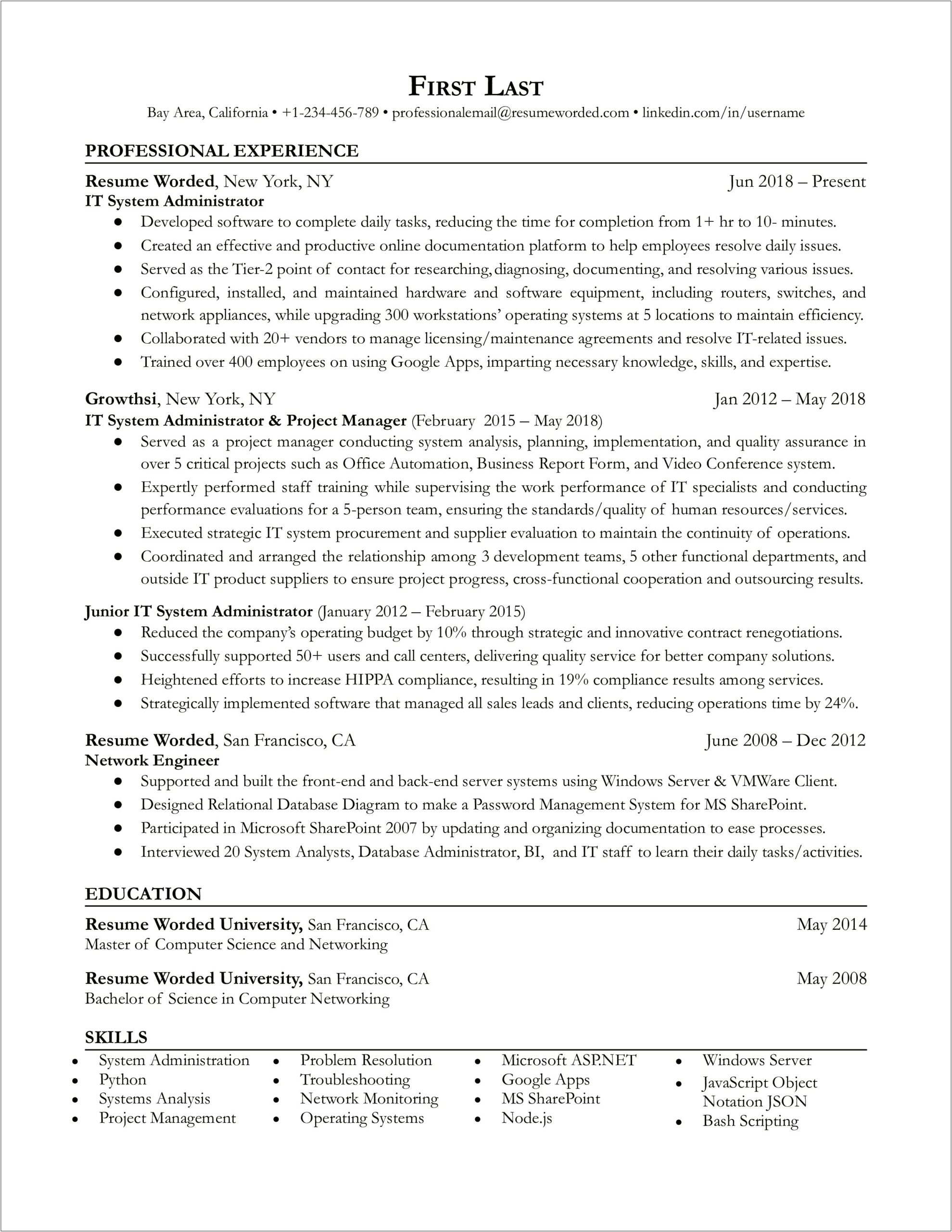 Example Of Resume Summary For System Administrator