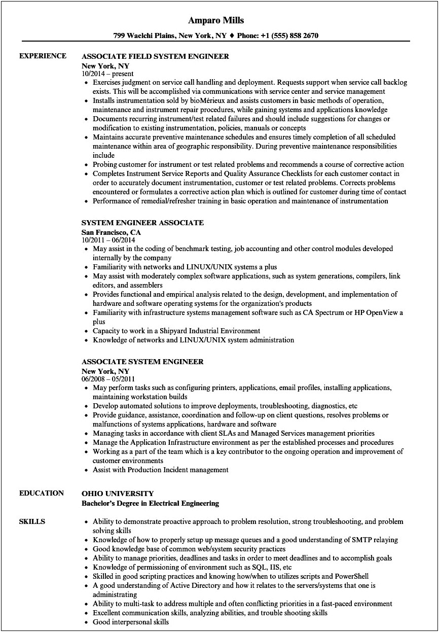 Example Of Resume To Apply Job Enginner Systems