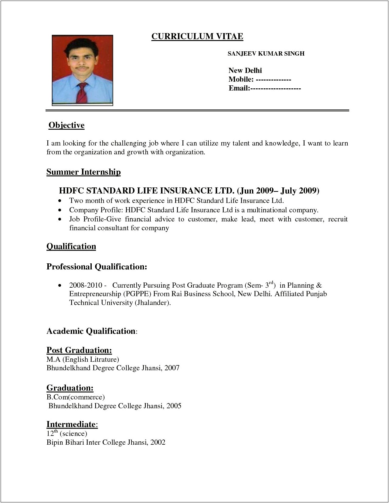 Example Of Resume To Apply Job In India