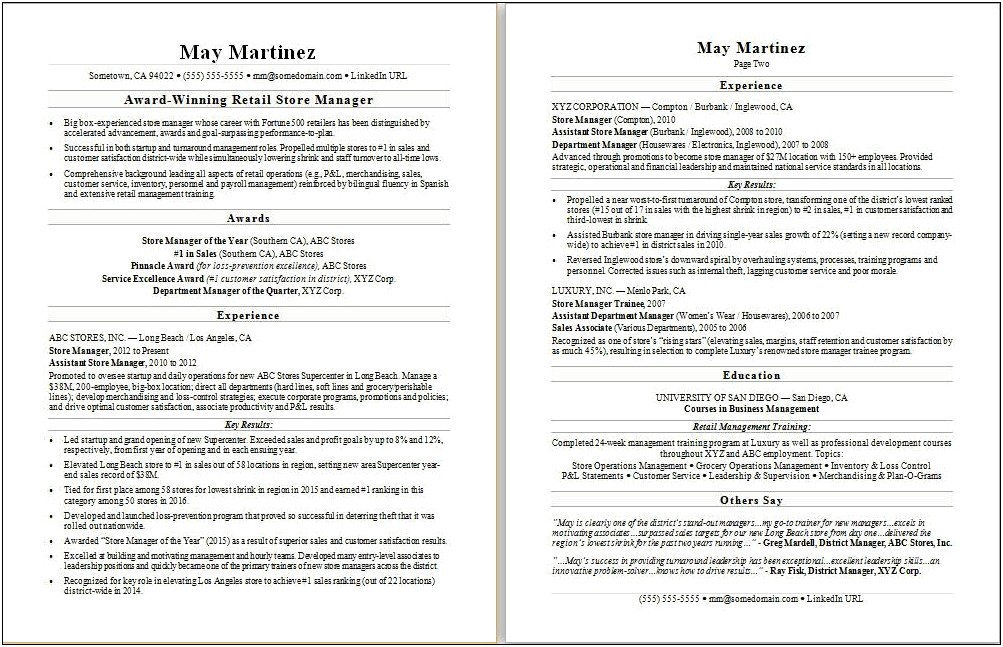 Example Of Retail Store Department Supervisor Resume
