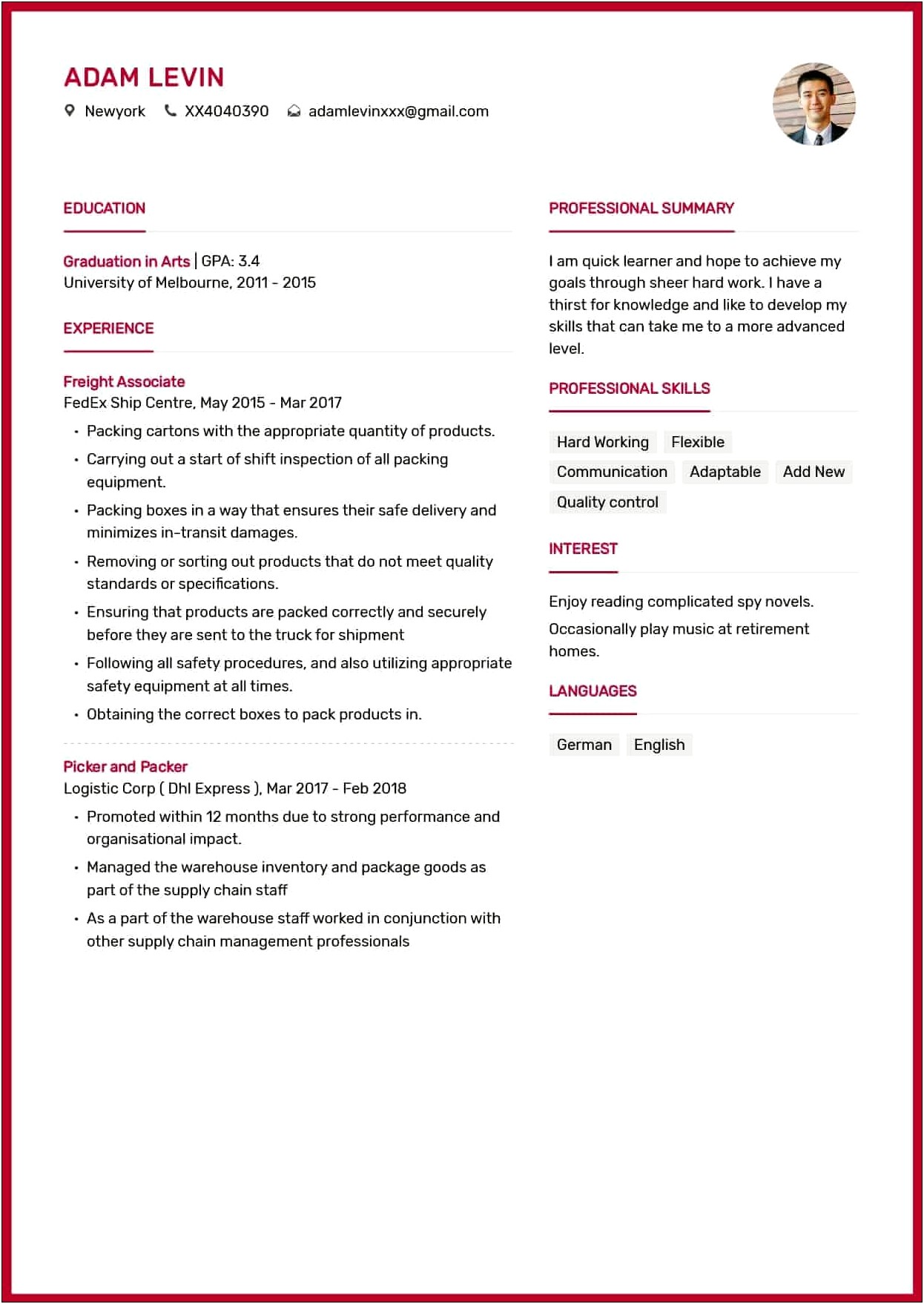 Example Of Role In Resume