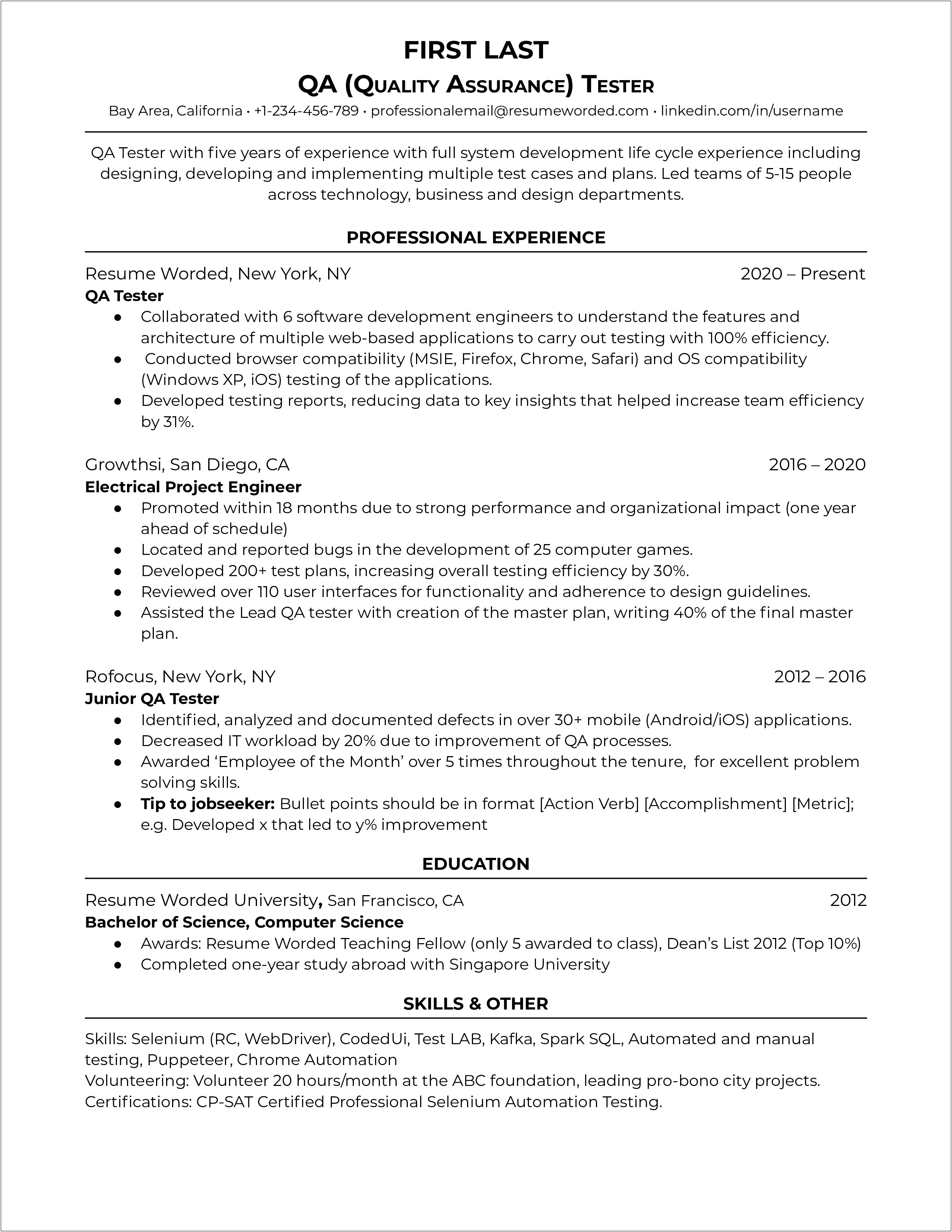 Example Of Software Testing Resume
