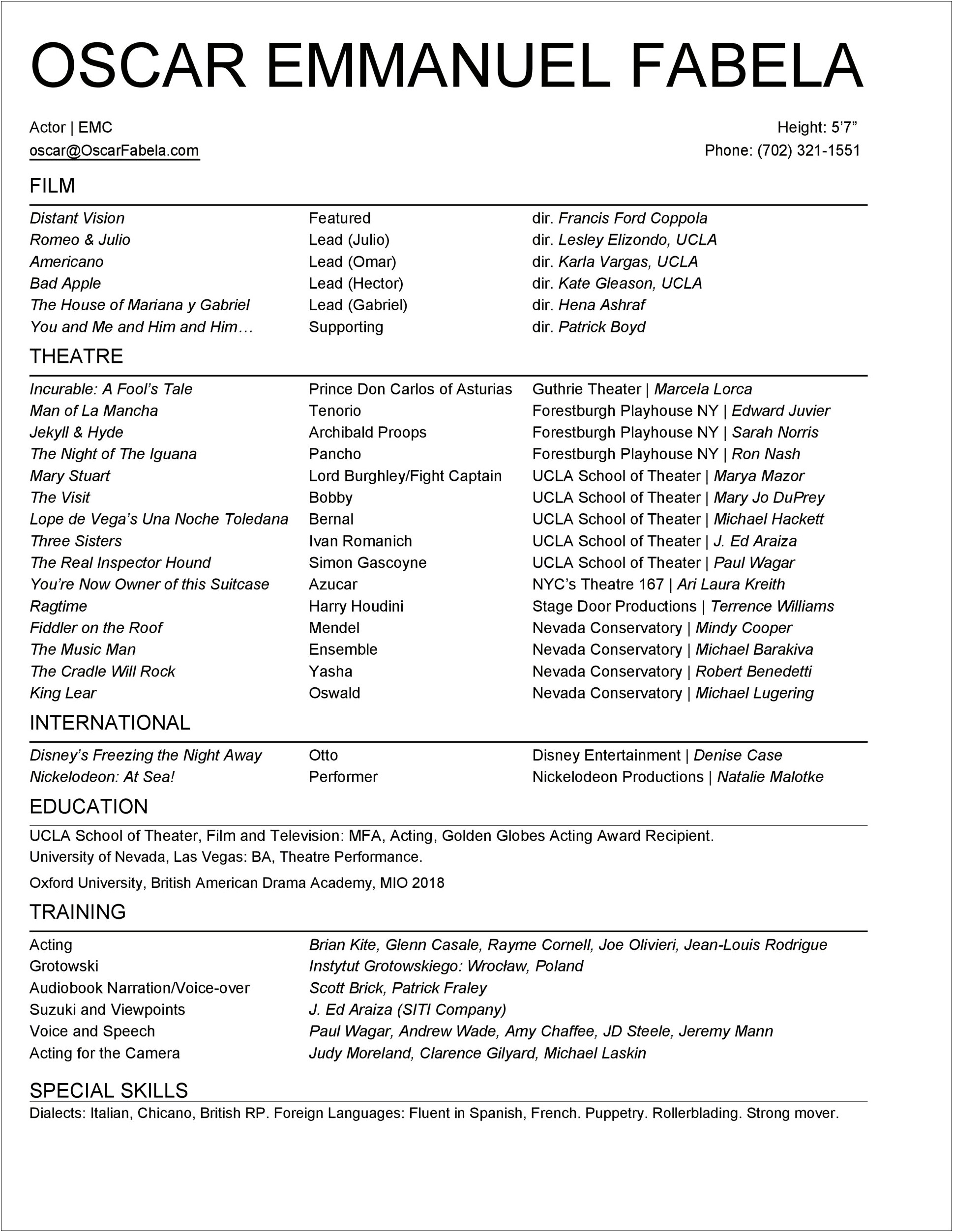 Example Of Special Skills On Theatre Resume