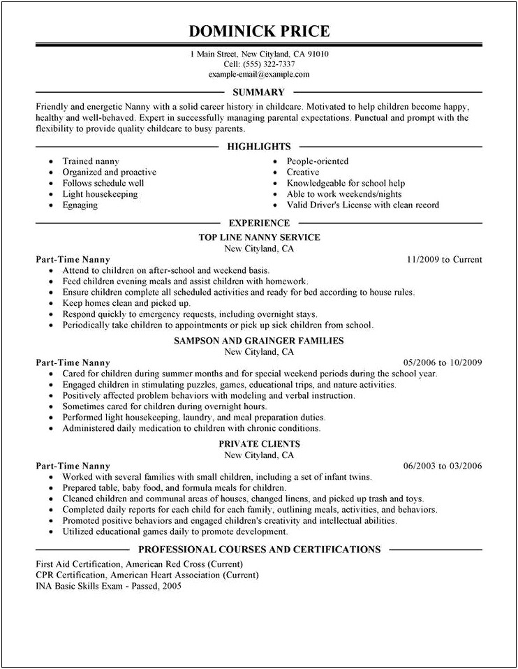 Example Of Student Resume For Part Time Work