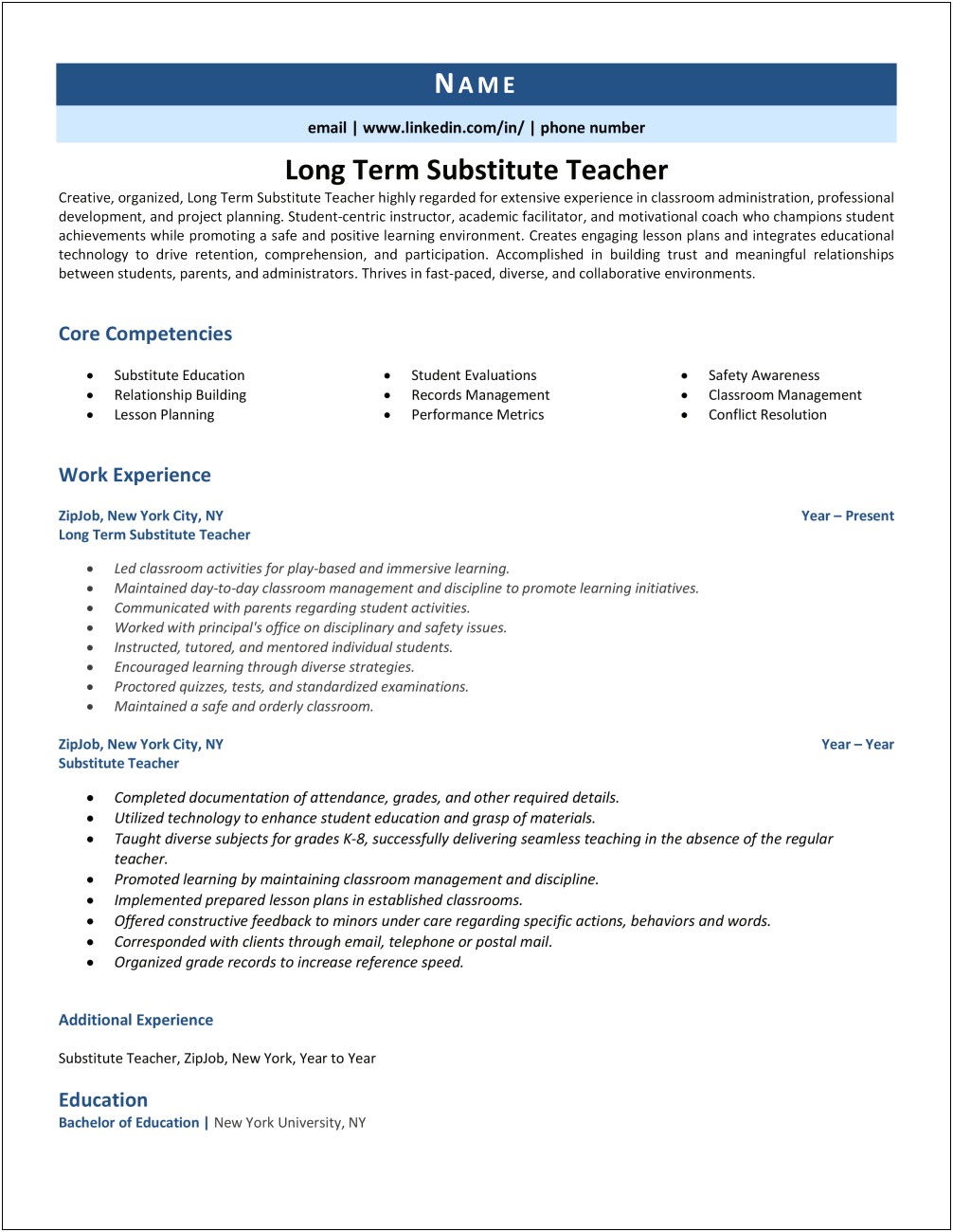 Example Of Substitue Teaching On Resume