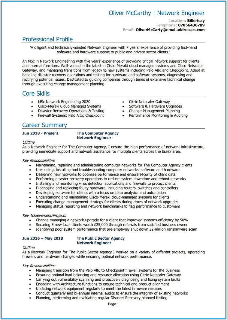 Example Of Summary For Network Engineer Resume