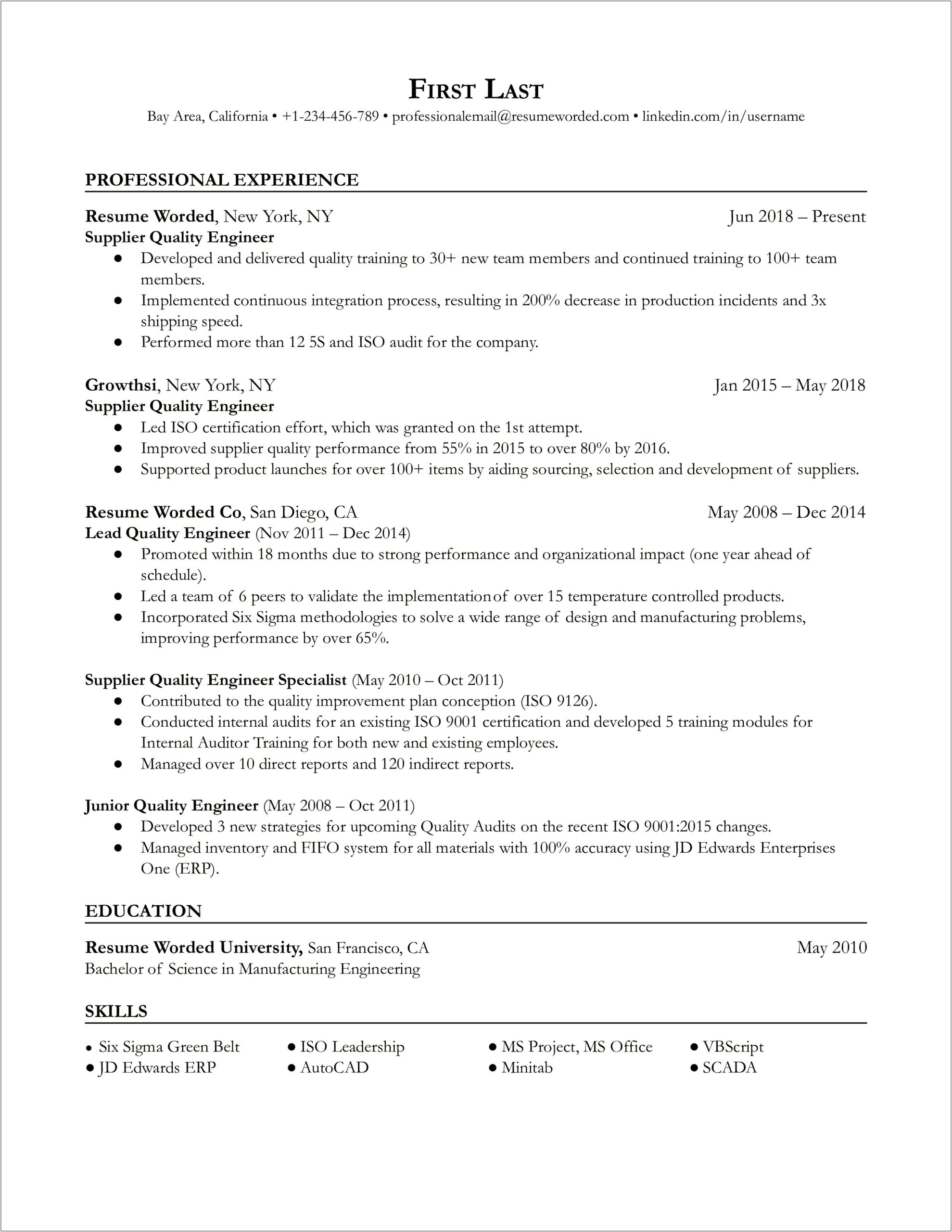 Example Of Supplier Quality Engineer Resume