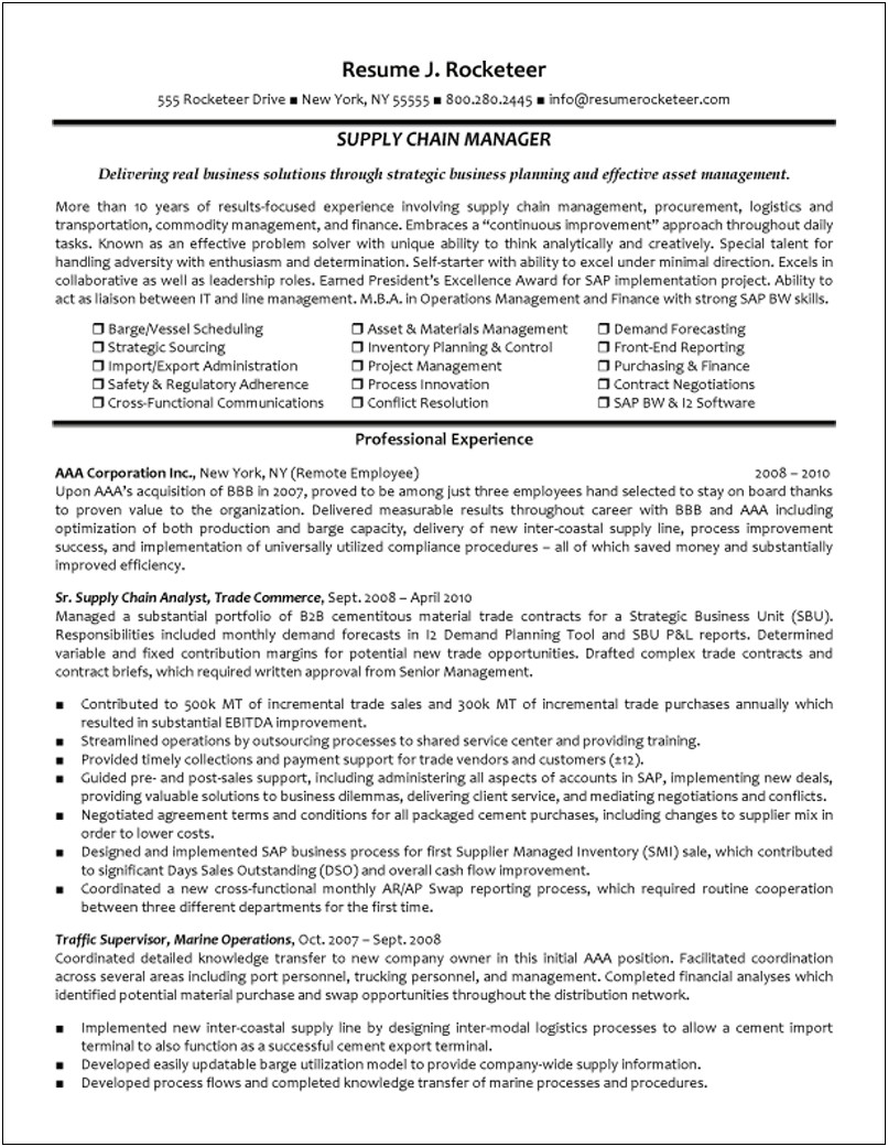 Example Of Supply Chain Management Resume