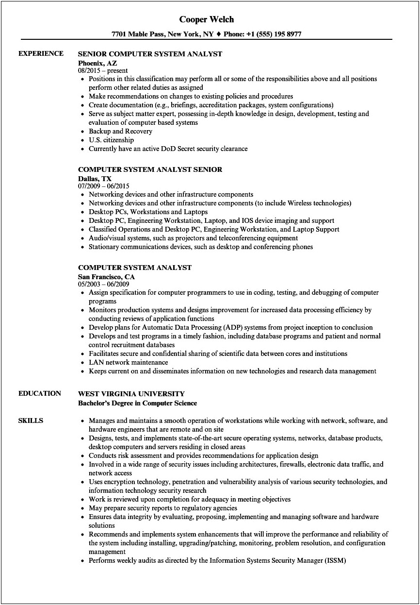 Example Of System Analyst Resume