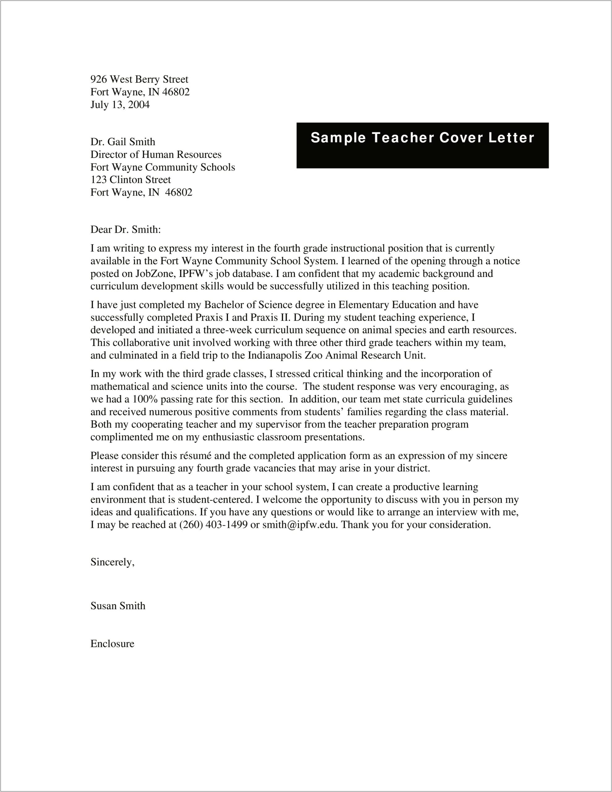 Example Of Teacher Resume Cover Letter