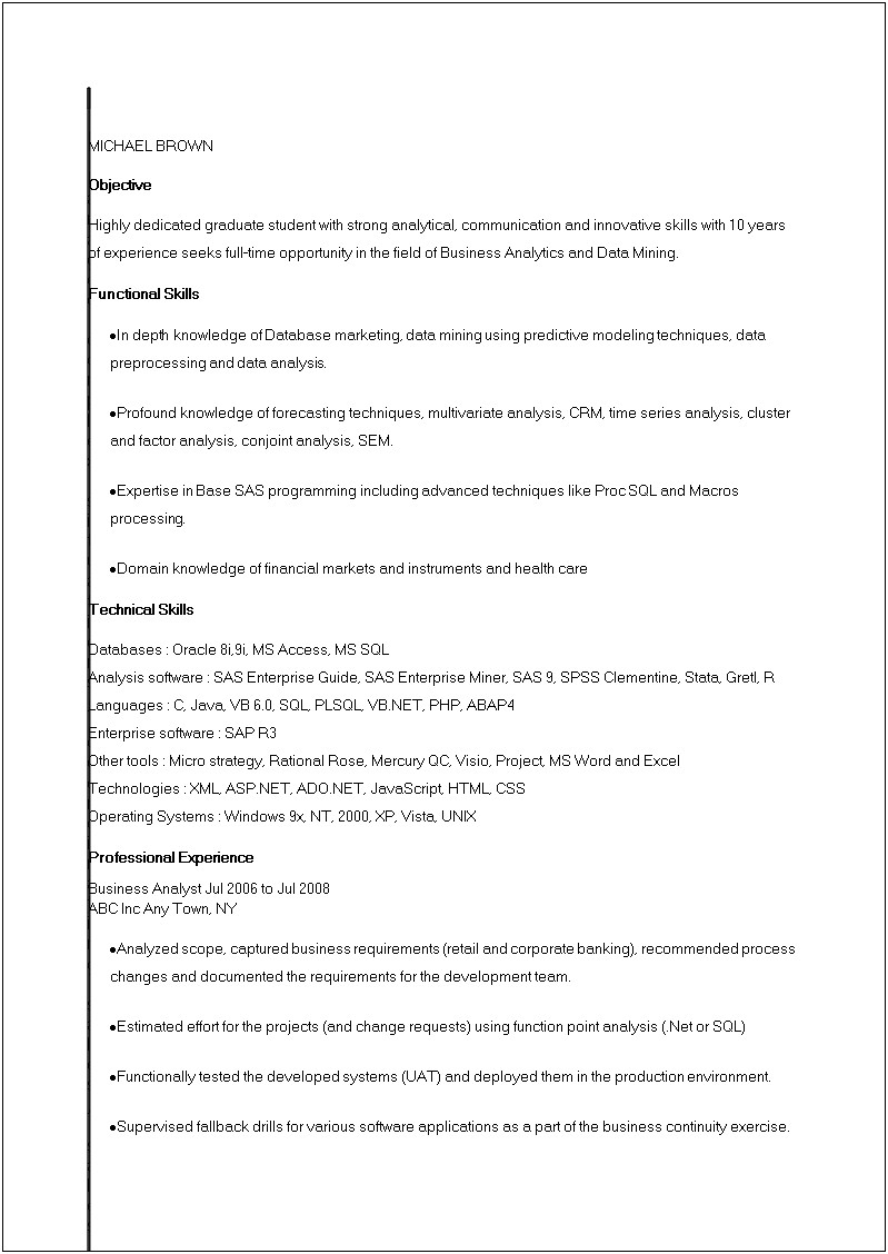 Example Of Technical Analyst Resume