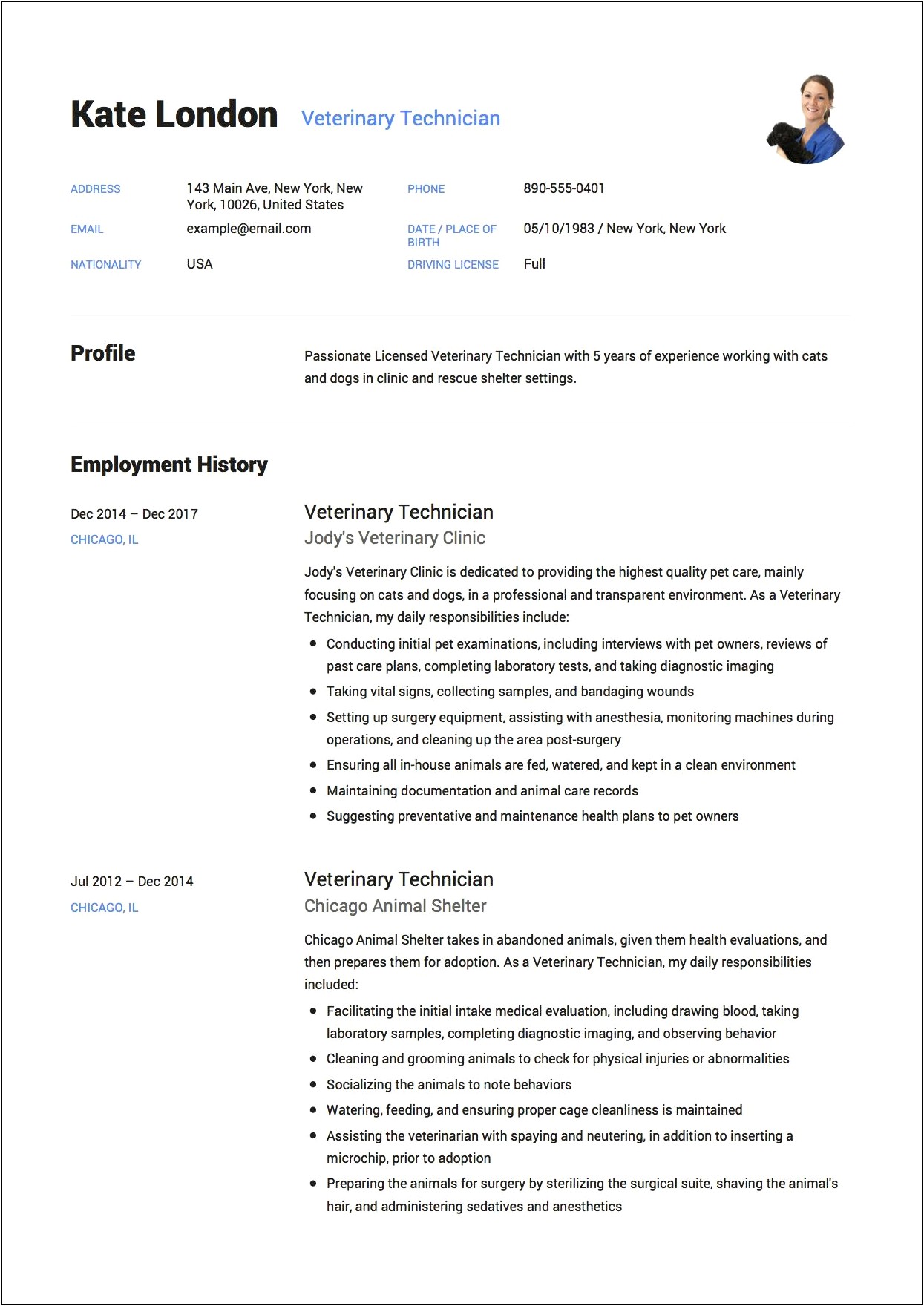 Example Of Veterinary Technitian Resume