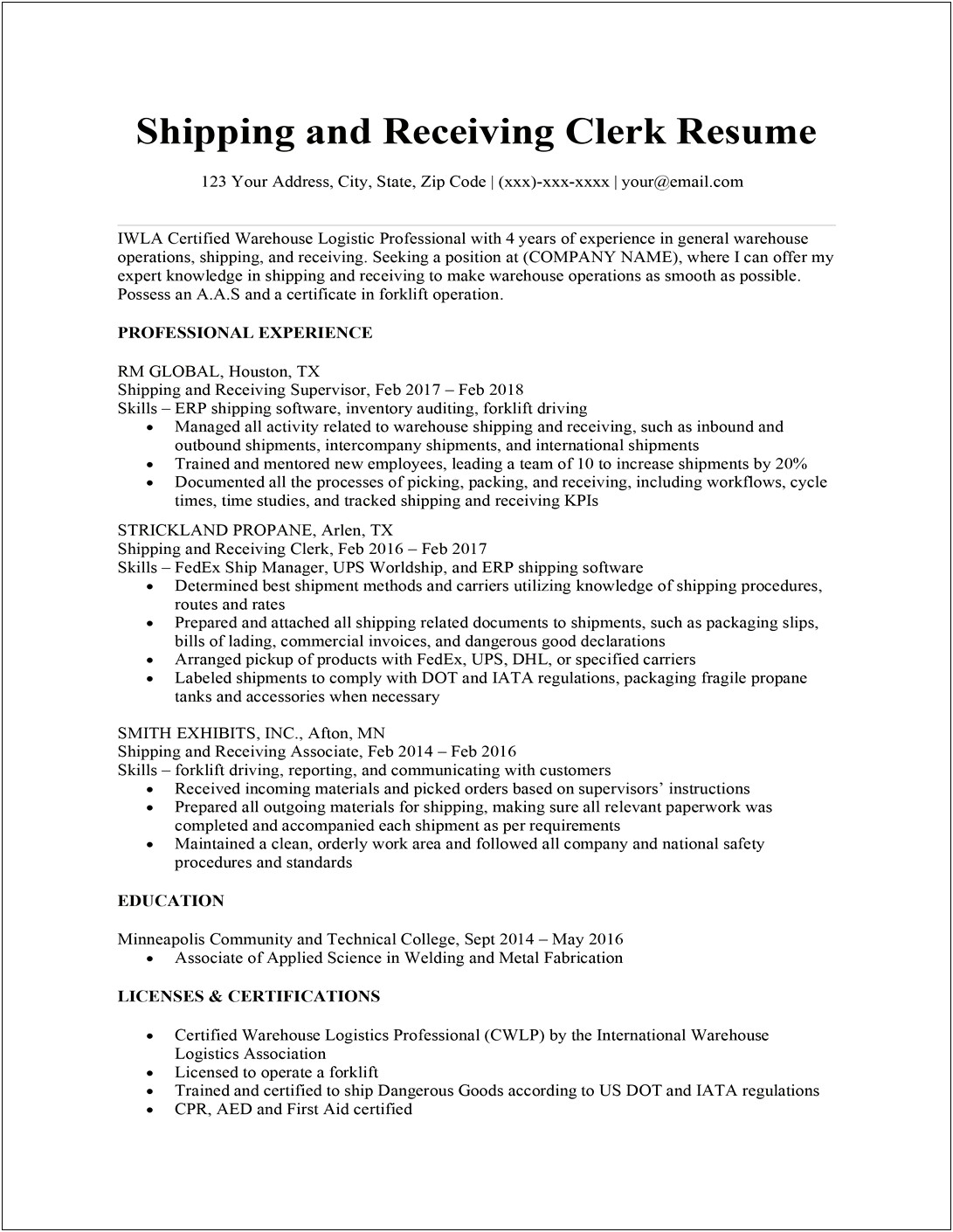 Example Of Warehouse Resume Objective