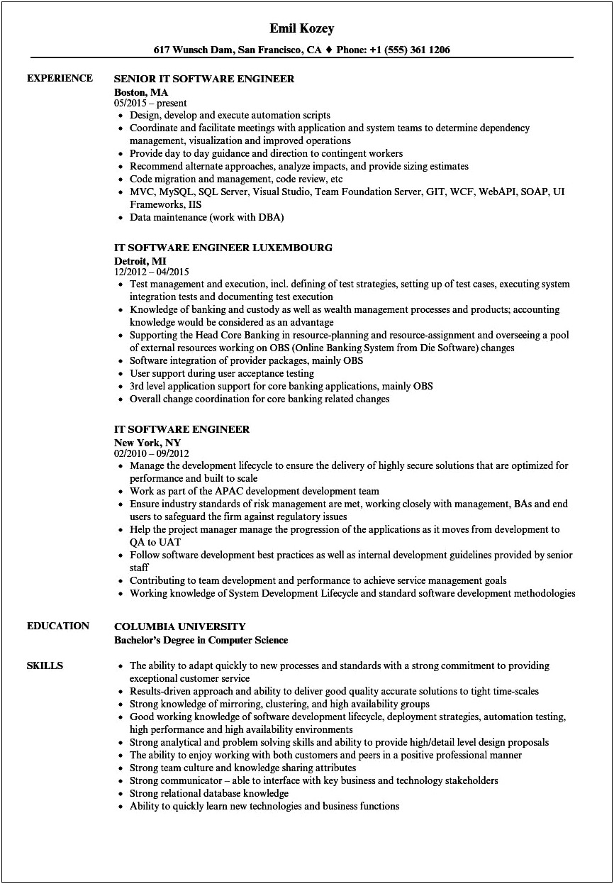 Example On Software Engineer Resume