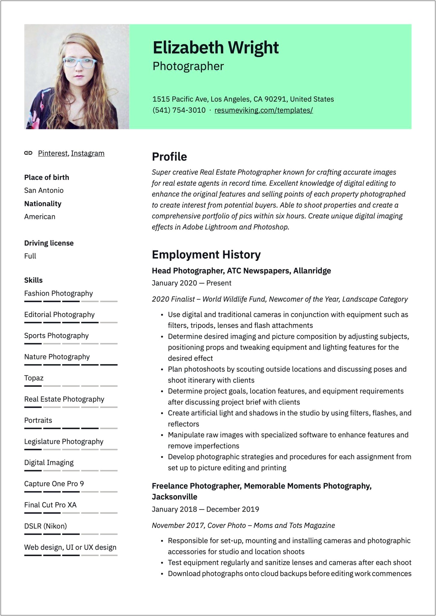 Example Photographer Resume Career Statement