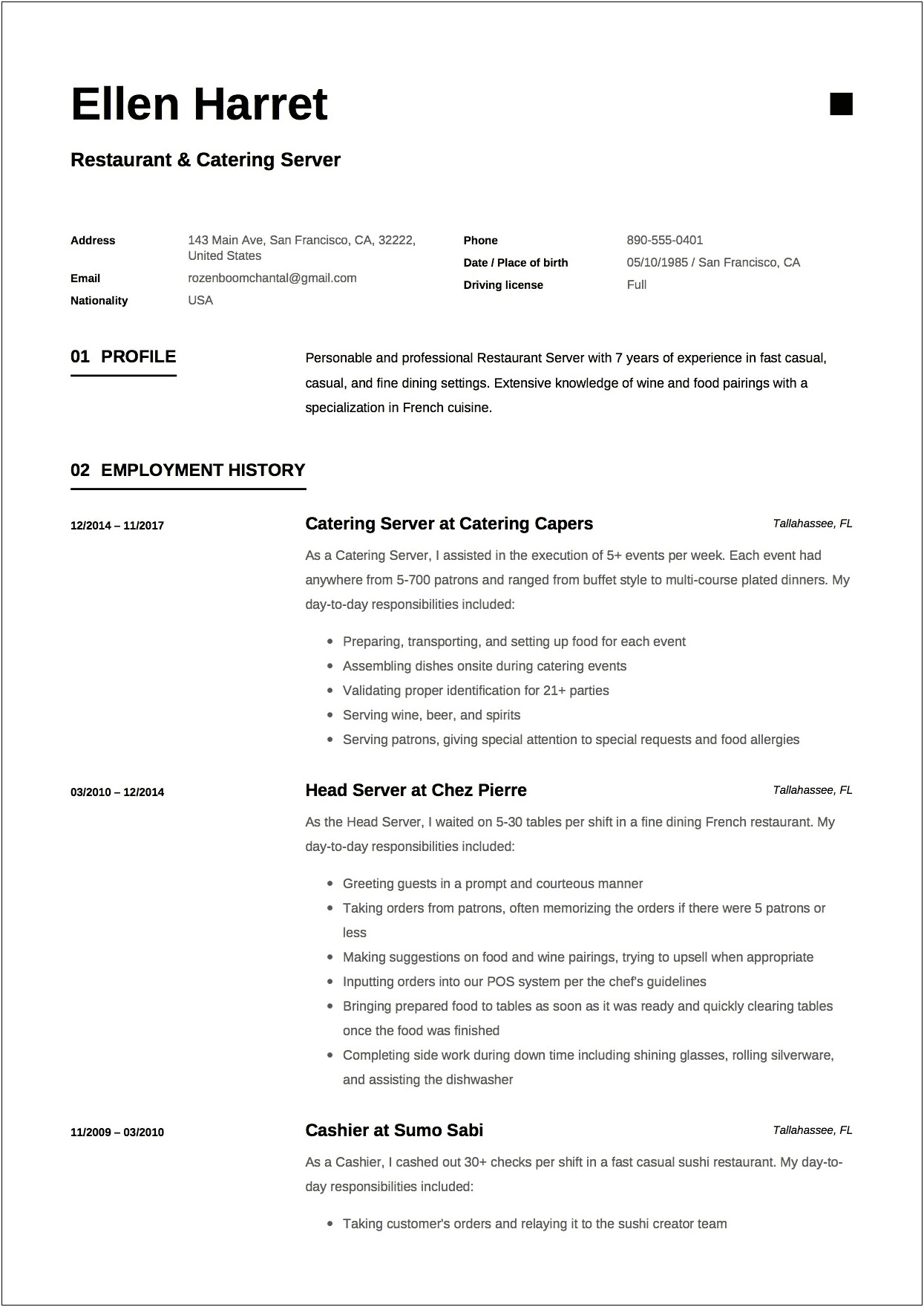 Example Resume For A Food Server
