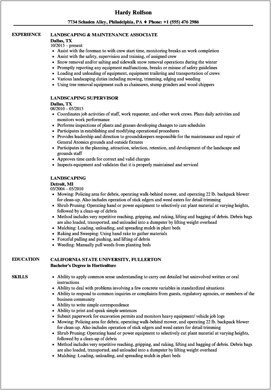 Example Resume For A Landscaper