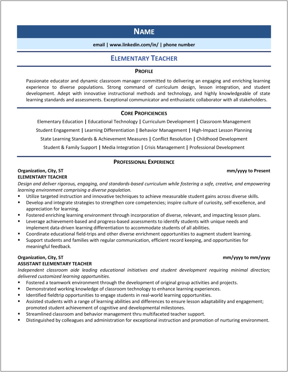 Example Resume For A Teaching Position