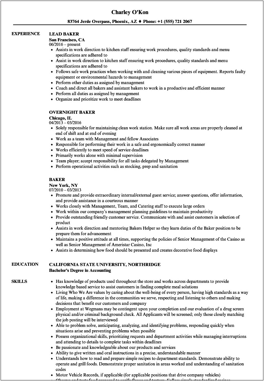 Example Resume For Bakery Position