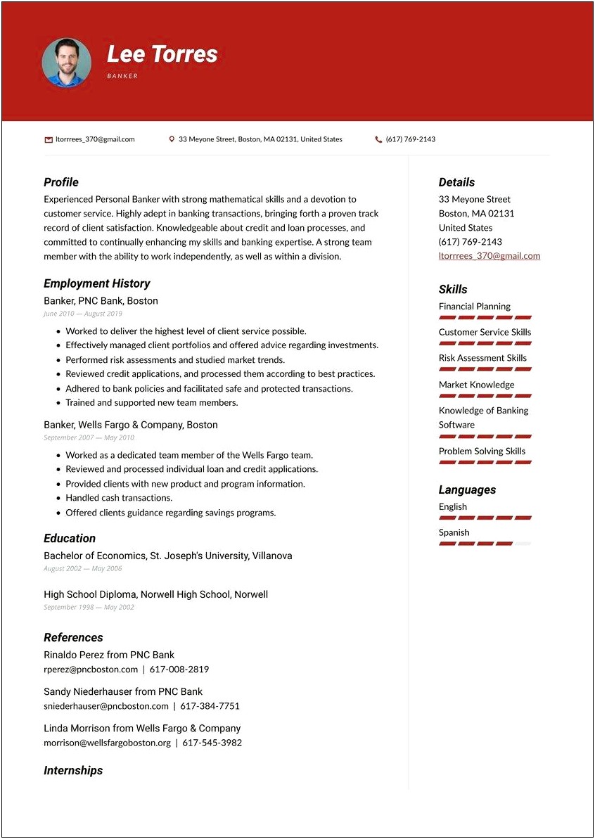Example Resume For Bank Jobs