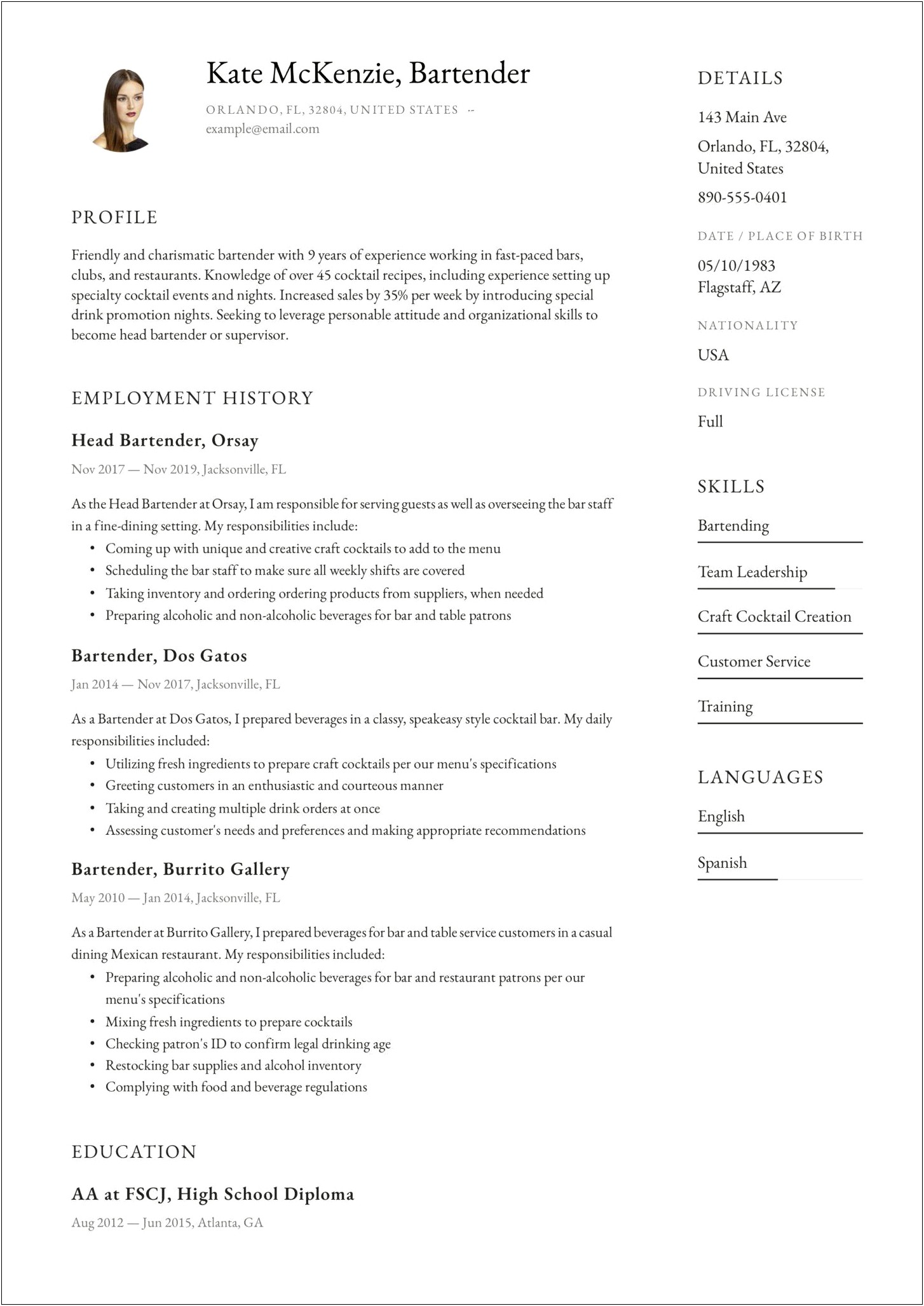 Example Resume For Bar Work