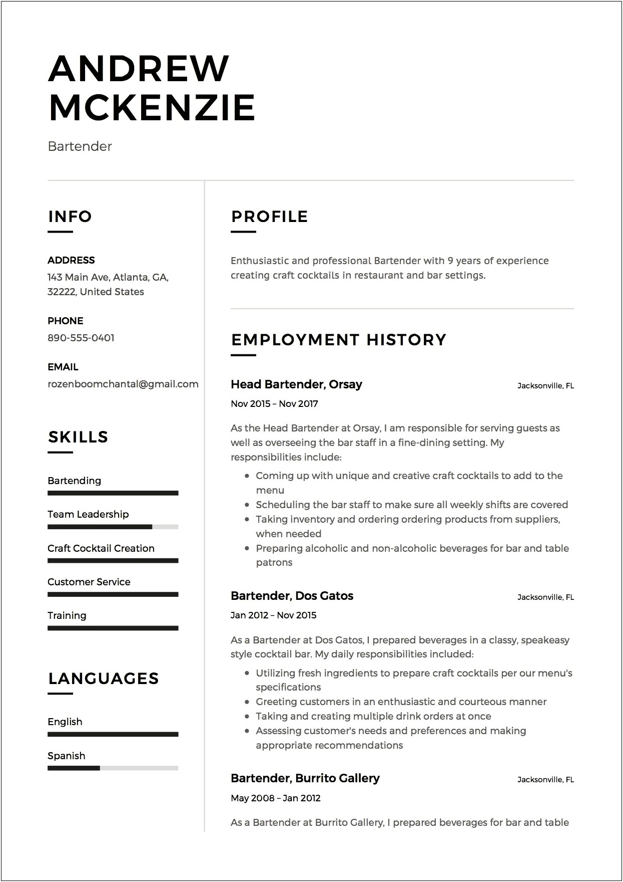 Example Resume For Bartenderserver