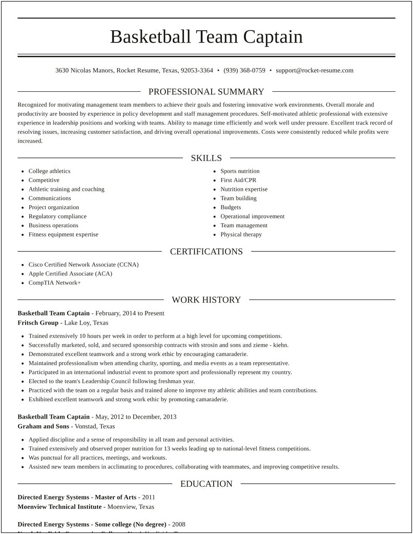 Example Resume For Basketball Captain