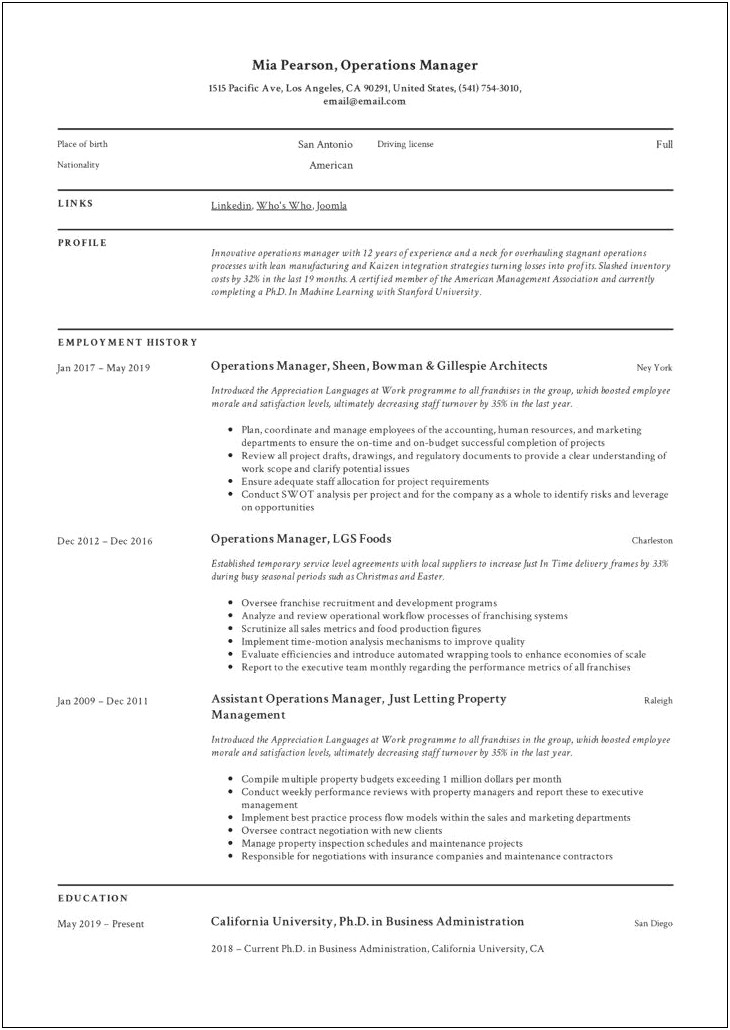 Example Resume For Business Management