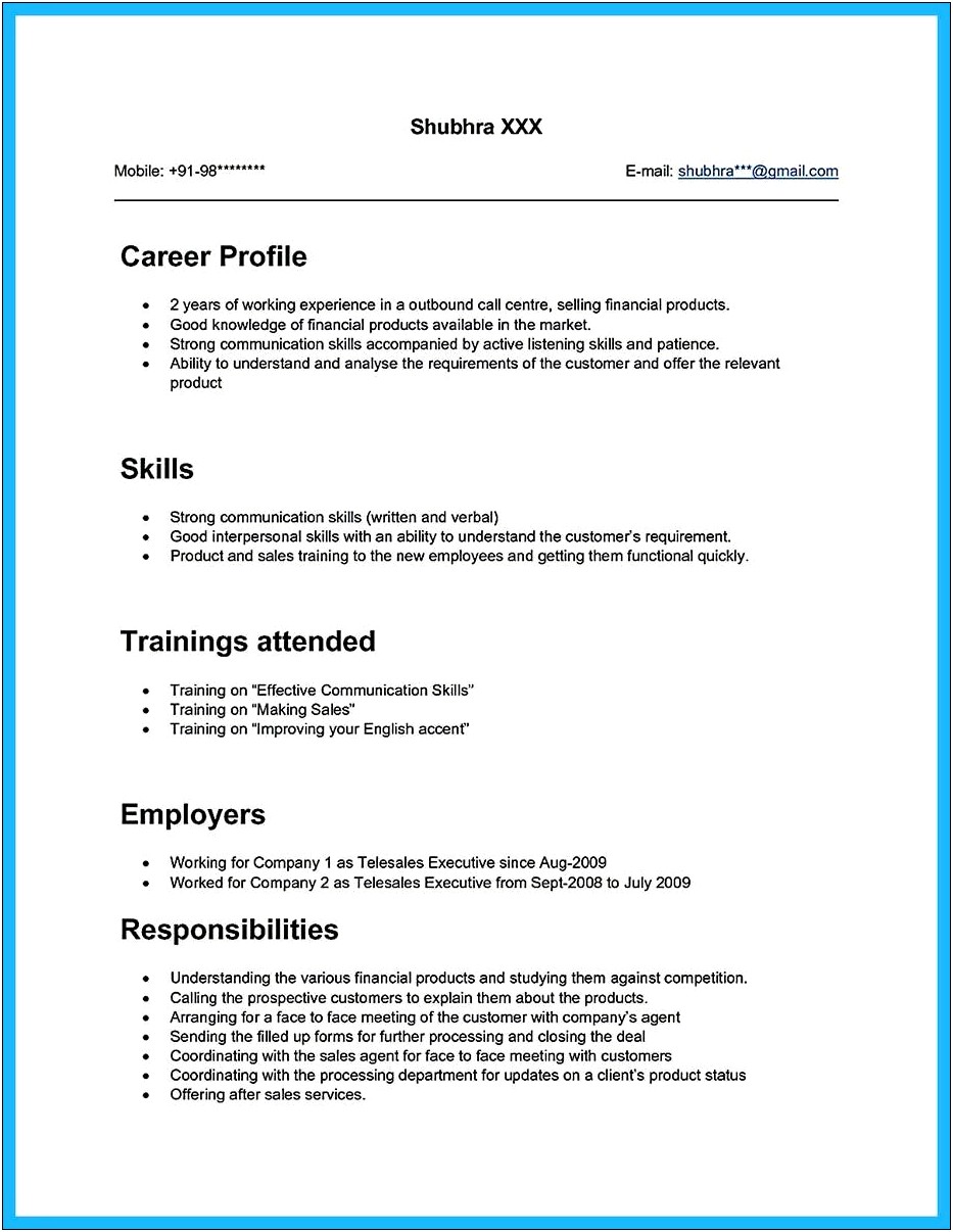 Example Resume For Call Center Agent