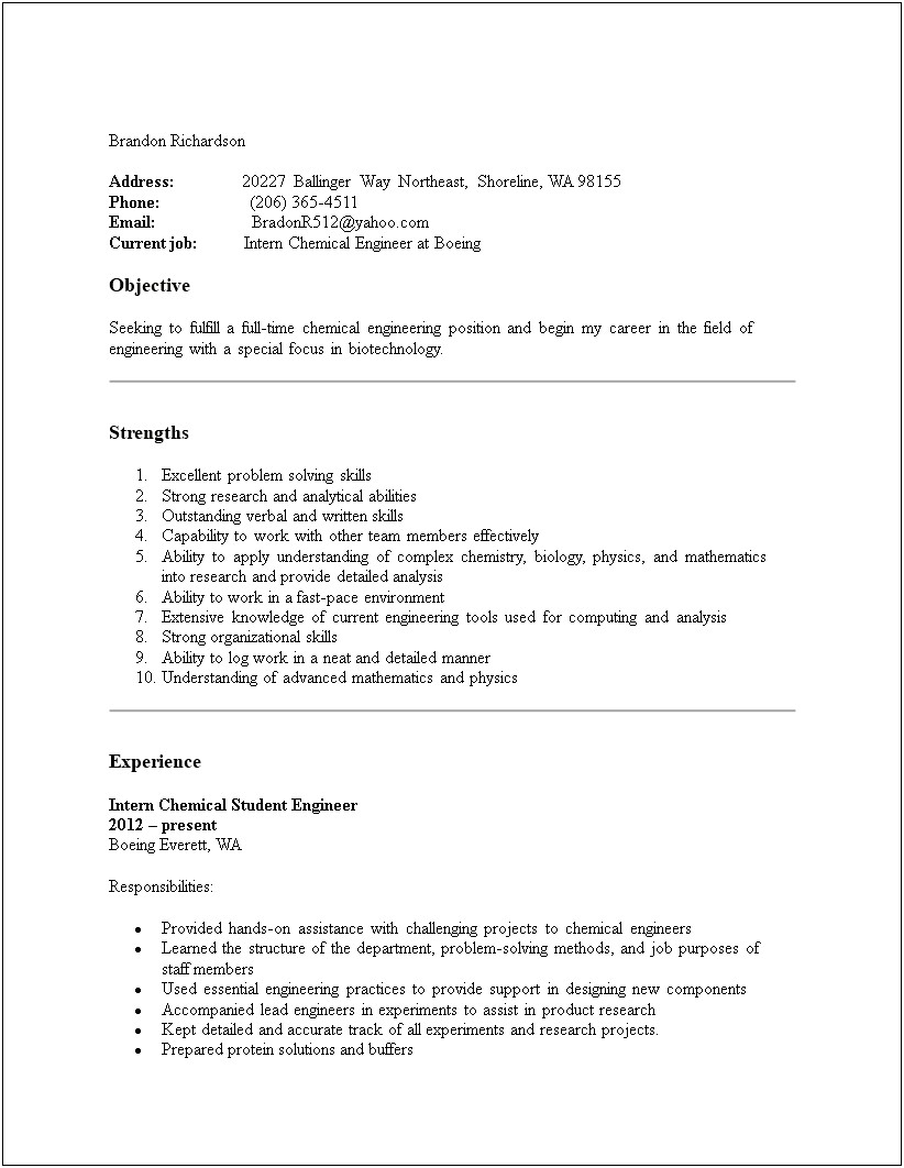 Example Resume For Chemical Production