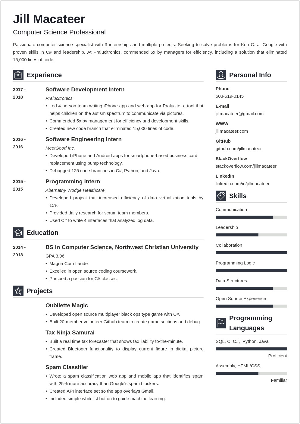 Example Resume For Computer Science Student