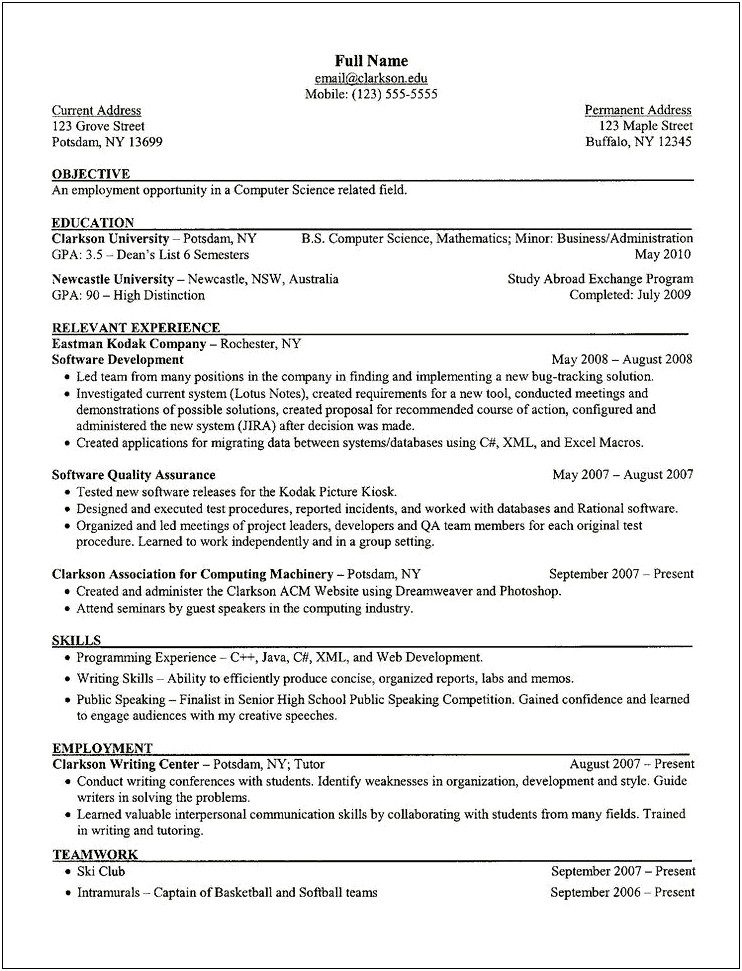 Example Resume For Computer Science