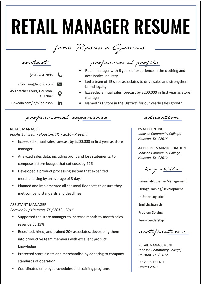 Example Resume For Convenience Store Manager