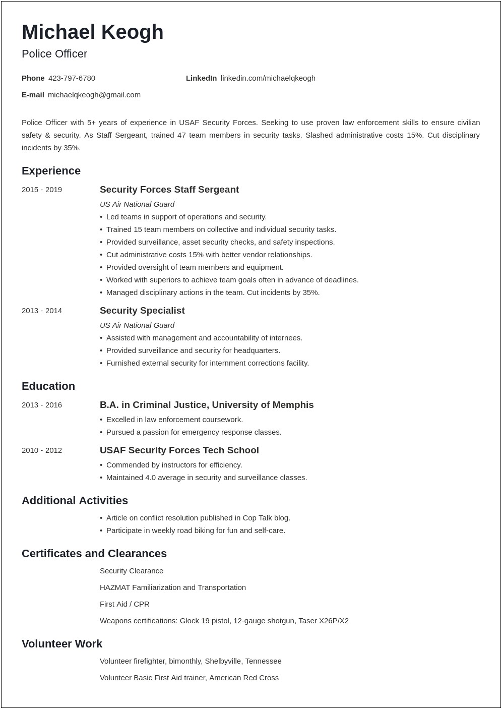 Example Resume For Criminal Justice Major