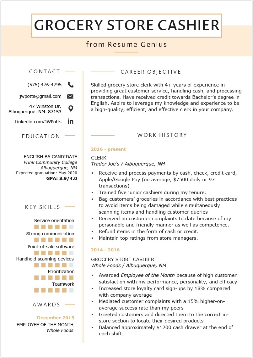 Example Resume For Customer Service Cashier
