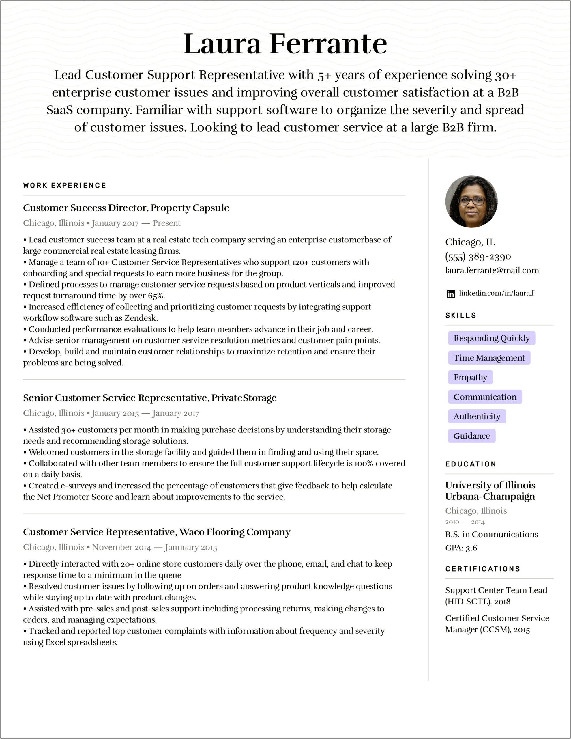 Example Resume For Customer Service Position