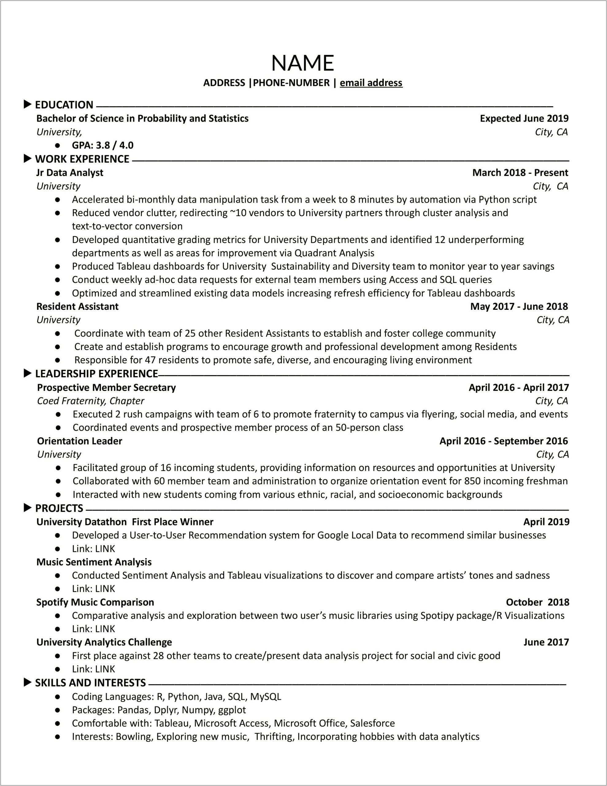 Example Resume For Data Analyst