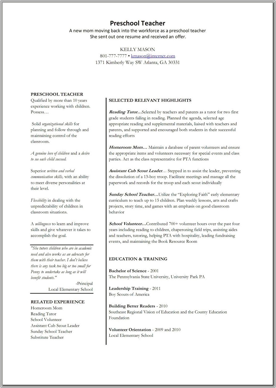 Example Resume For Elementary Principal