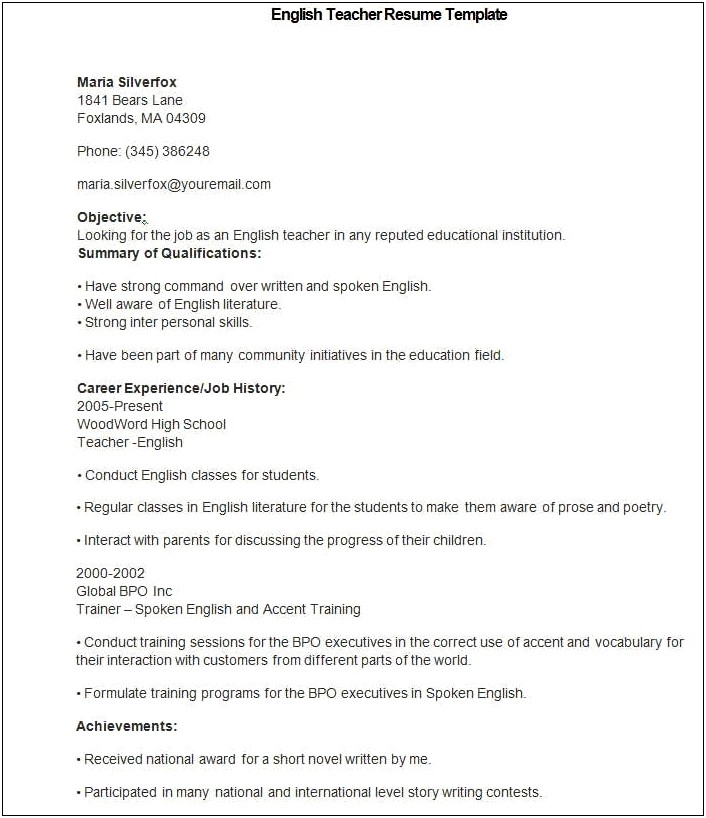 Example Resume For English Teacher In China