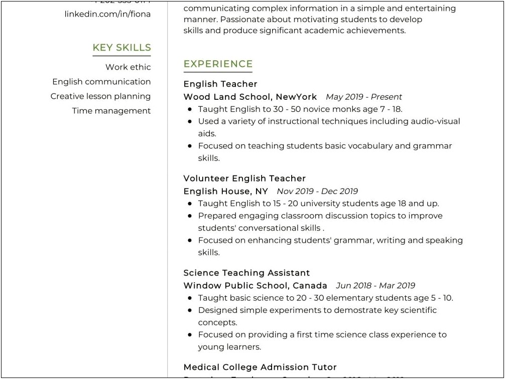 Example Resume For Esl Learners